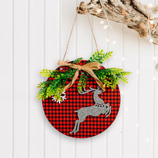 Picture of Red - 2# Christmas Reindeer Lattice Hanging Door Sign Party Home Decoration 15x15cm, 1 Piece