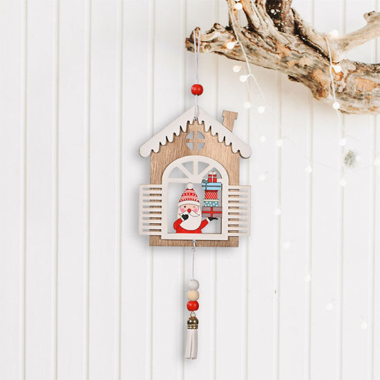 Bild von Hellbraun - 1# Weihnachtsmann Haus mit Quaste Holz Hängende Ornament Dekoration 12x10cm, 1 Stück