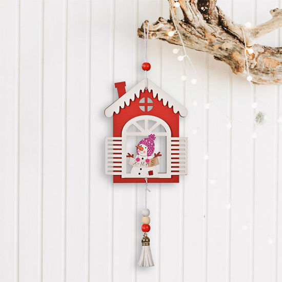 Picture of Red - 2# Christmas Snowman House With Tassel Wood Hanging Ornament Decoration 12x10cm, 1 Piece