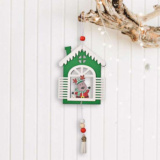 Picture of Green - 3# Christmas Reindeer House With Tassel Wood Hanging Ornament Decoration 12x10cm, 1 Piece