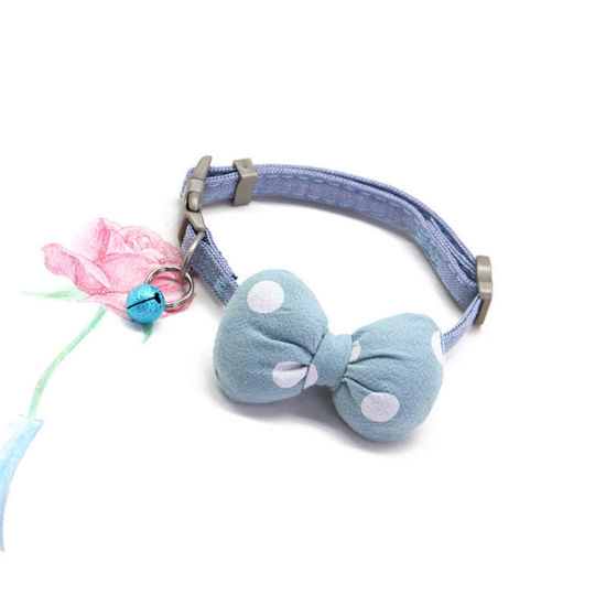Picture of Blue - M Polyester Dot Bowknot Adjustable Dog Collar With Bell Pet Supplies, 1 Piece