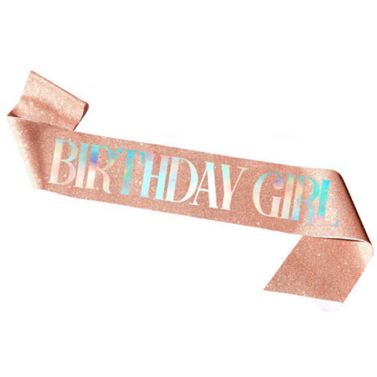 Picture of Rose Gold - Rainbow Color Glitter Birthday Girl Sash For Women Birthday Party Favors 158x9.5cm, 1 Piece