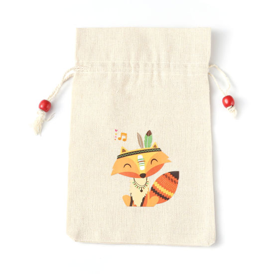 Picture of Cotton & Linen Drawstring Bags Rectangle Beige Fox (Usable Space: Approx 17.2cmx14.7cm) 22.2cm x 14.7cm, 3 PCs