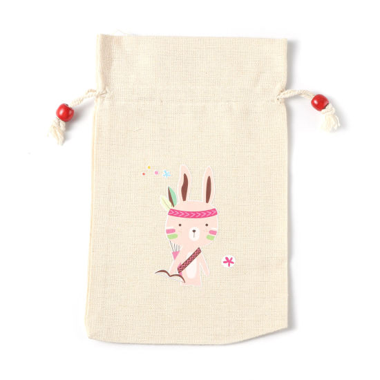 Picture of Cotton & Linen Drawstring Bags Rectangle Beige Rabbit (Usable Space: Approx 17.2cmx14.7cm) 22.2cm x 14.7cm, 3 PCs