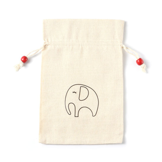 Picture of Cotton & Linen Drawstring Bags Rectangle Beige Elephant (Usable Space: Approx 17.2cmx14.7cm) 22.2cm x 14.7cm, 3 PCs