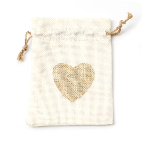 Picture of Cotton & Linen Drawstring Bags Rectangle Beige Heart (Usable Space: Approx 11x10cm) 13.5cm x 10cm, 5 PCs