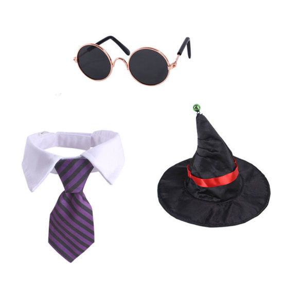Picture of Purple - S Stripes Collar Tie Sunglasses Hat 3 Piece Set Halloween Pet Dog Cat Clothes Dress Up Cosplay Costume, 1 Set