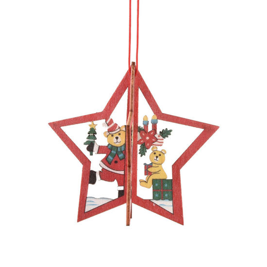 Picture of Red - Five-Pointed Star Hollow 3D Wood Ornament For Christmas Tree Home Hanging Decorations 10.5x10.5cm, 1 Piece