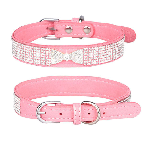 Picture of Pink - S Bowknot Soft Velvet Adjustable Dog Pet Collar With Hot Fix Rhinestone, 1 Piece