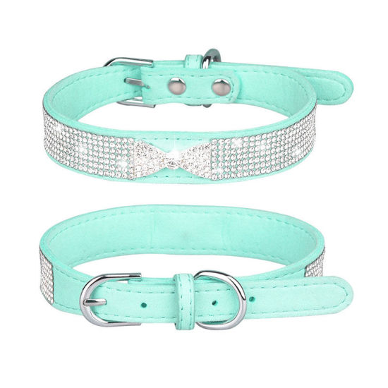 Picture of Mint Green - S Bowknot Soft Velvet Adjustable Dog Pet Collar With Hot Fix Rhinestone, 1 Piece