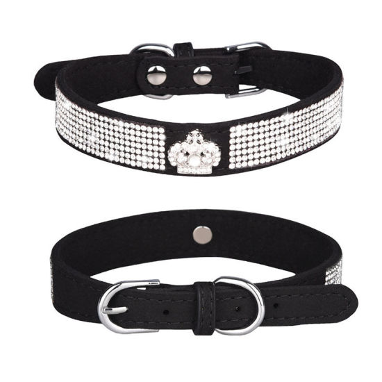 Picture of Black - S Crown Soft Velvet Adjustable Dog Pet Collar With Hot Fix Rhinestone, 1 Piece