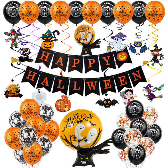 Image de Orange - 5 # Papier d'aluminium et bannière de ballon en latex Décorations de fête d'Halloween heureuses, 1 Kit