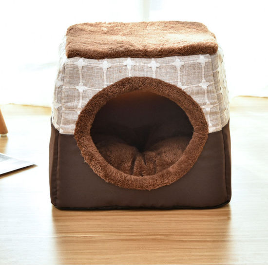 Picture of Coffee - 38x38x34cm Checkered Winter Fluffy Plush Faux Fur Warm Washable Dog & Cat Bed House Pet Supplies, 1 Piece
