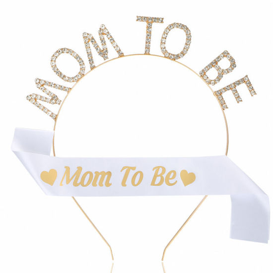 白-1＃Mom To Be Sash＆女性用パーティーの記念品ゴールデンラインストーンティアラ、1セット の画像