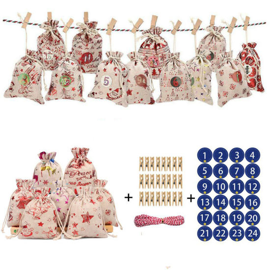 Image de Sacs d'Emballage Noël en Coton & Lin Crème Chiffres 14cm x 10cm, 1 Kit