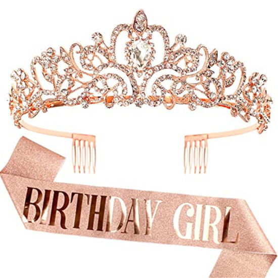 Picture of Rose Gold - 1# Birthday Girl Glitter Sash & Rhinestone Tiara For Women Birthday Party Favors, 1 Set