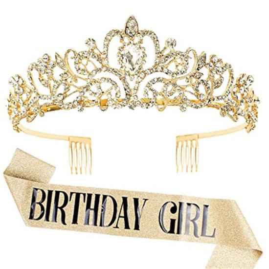 Picture of Golden - 2# Birthday Girl Glitter Sash & Rhinestone Tiara For Women Birthday Party Favors, 1 Set