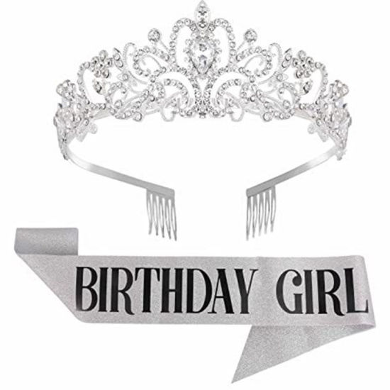 Picture of Silver - 3# Birthday Girl Glitter Sash & Rhinestone Tiara For Women Birthday Party Favors, 1 Set