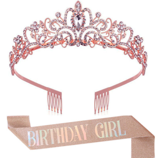 Picture of Rose Gold - 4# Birthday Girl Glitter Sash & Rhinestone Tiara For Women Birthday Party Favors, 1 Set