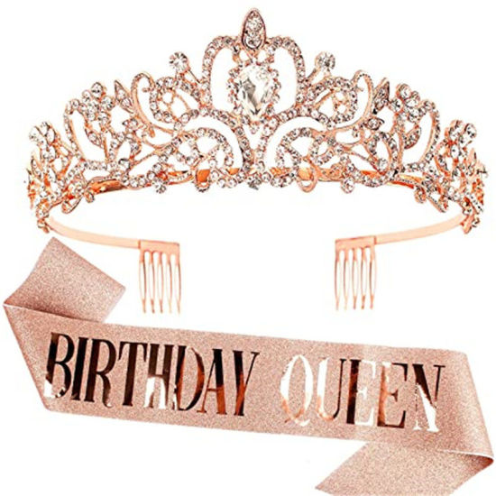 Picture of Rose Gold - 2# Birthday Queen Glitter Sash & Rhinestone Tiara For Women Birthday Party Favors, 1 Set
