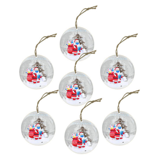 Picture of French Gray - 4# Santa Claus Wearing A Mask Wood Round Christmas Tree Home Hanging Decoration 8cm Dia., 1 Set(7 PCs/Set)