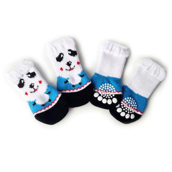 Picture of White - S Panda Winter Warm Cotton Non-slip Dog Socks Pet Accessories, 1 Set（4 PCs/Set）
