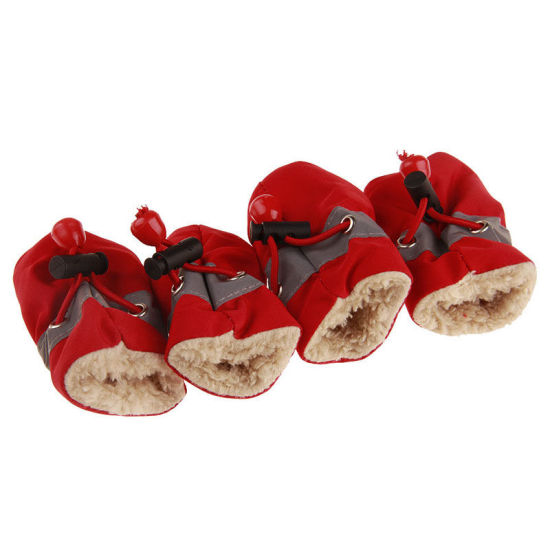 Picture of Red - 6x5cm Winter Warm Fabric Drawstring Non-slip Soft Dog Socks Shoes Pet Accessories, 1 Set（4 PCs/Set）