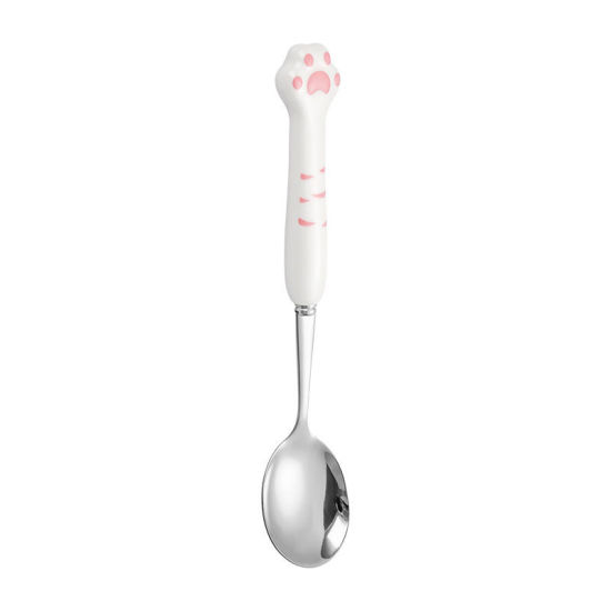 Изображение White - Cute Cat Paw Silvery 304 Stainless Steel & Ceramic Spoon Flatware Cutlery Tableware 19.7x2.9cm, 1 Piece