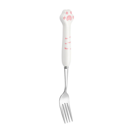 Изображение White - Cute Cat Paw Silvery 304 Stainless Steel & Ceramic Fork Flatware Cutlery Tableware 20.3x2.9cm, 1 Piece