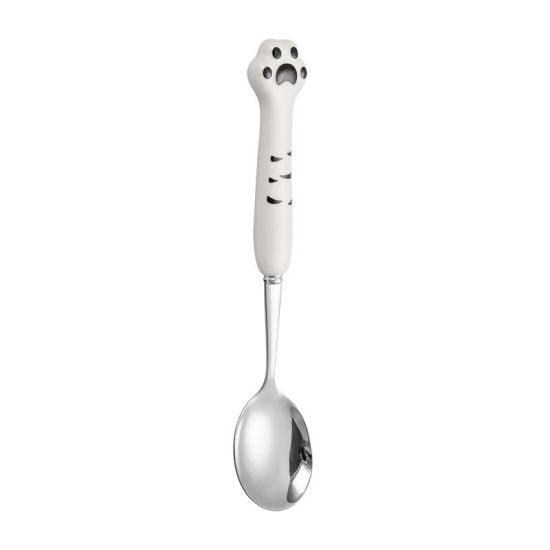 Изображение White - Cute Cat Paw Silvery 304 Stainless Steel & Ceramic Spoon Flatware Cutlery Tableware 19.7x2.9cm, 1 Piece