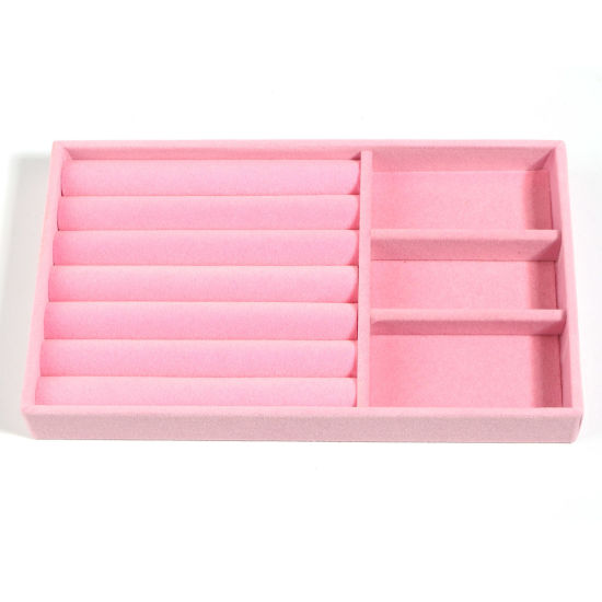 Picture of 3 Compartments Velvet Ring Jewelry Displays Rectangle Pink 21cm x 12.3cm x 2.5cm , 1 Piece