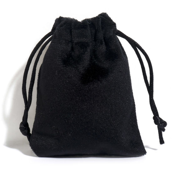 Picture of Velvet Drawstring Bags For Gift Jewelry Rectangle Black (Usable Space: Approx 7.5x7cm) 9cm x 7cm, 10 PCs