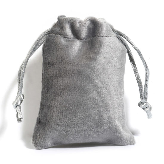 Picture of Velvet Drawstring Bags For Gift Jewelry Rectangle French Gray (Usable Space: Approx 7.5x7cm) 9cm x 7cm, 10 PCs