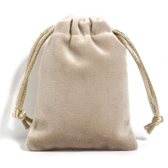 Picture of Velvet Drawstring Bags For Gift Jewelry Rectangle Beige (Usable Space: Approx 7.5x7cm) 9cm x 7cm, 10 PCs
