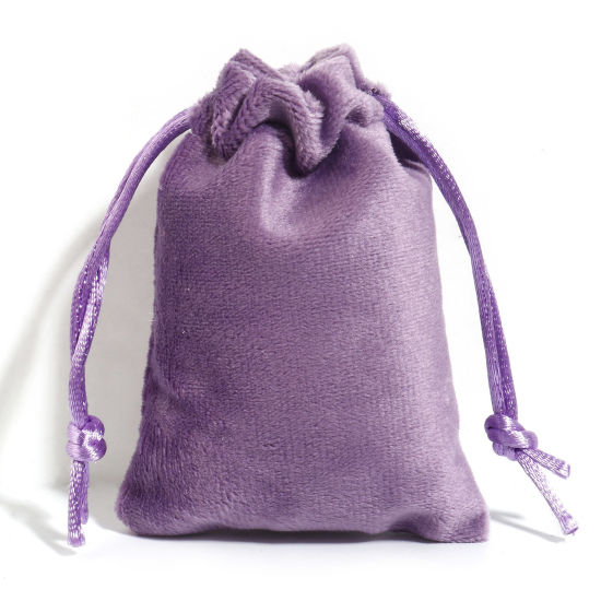 Picture of Velvet Drawstring Bags For Gift Jewelry Rectangle Purple (Usable Space: Approx 7.5x7cm) 9cm x 7cm, 10 PCs