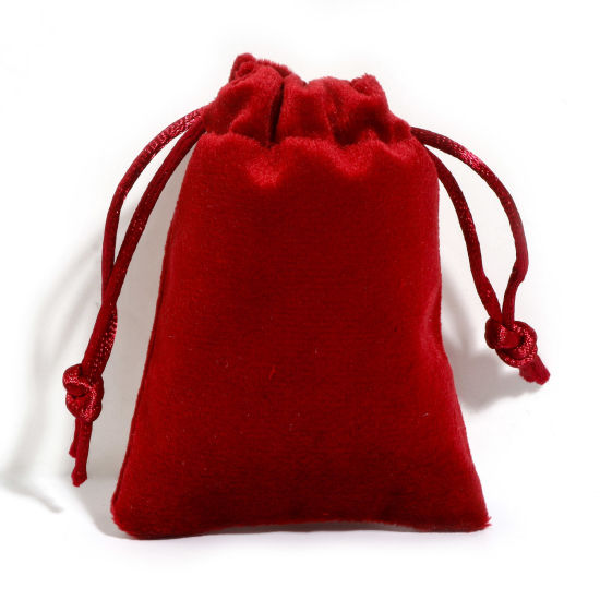 Picture of Velvet Drawstring Bags For Gift Jewelry Rectangle Red (Usable Space: Approx 7.5x7cm) 9cm x 7cm, 10 PCs