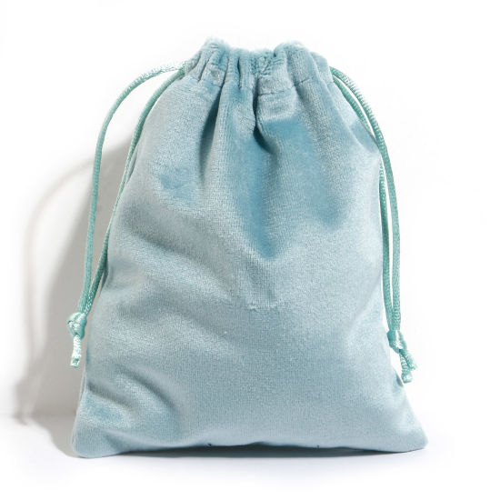 Picture of Velvet Drawstring Bags For Gift Jewelry Rectangle Mint Green (Usable Space: Approx 13.5x12cm) 15cm x 12cm, 5 PCs