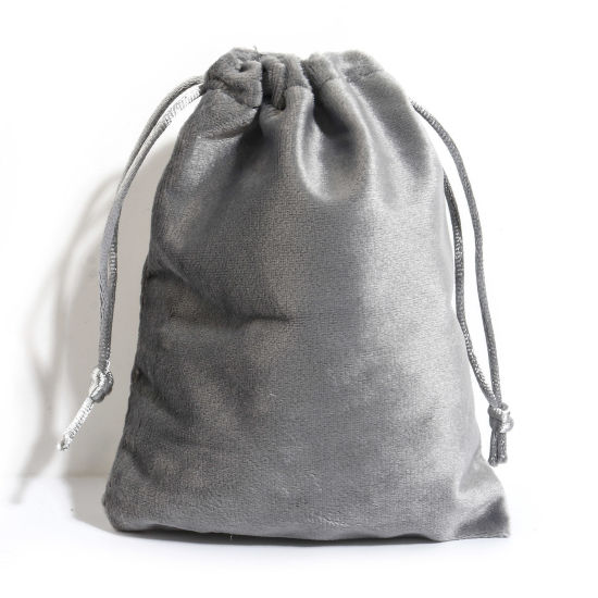 Picture of Velvet Drawstring Bags For Gift Jewelry Rectangle French Gray (Usable Space: Approx 13.5x12cm) 15cm x 12cm, 5 PCs
