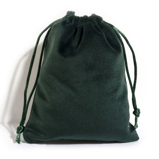 Picture of Velvet Drawstring Bags For Gift Jewelry Rectangle Dark Green (Usable Space: Approx 13.5x12cm) 15cm x 12cm, 5 PCs