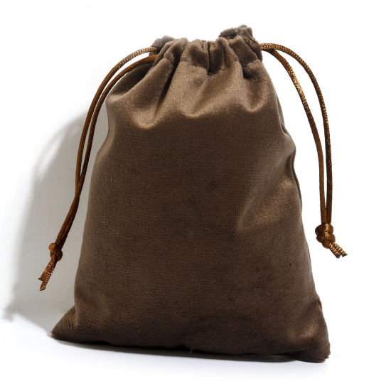 Picture of Velvet Drawstring Bags For Gift Jewelry Rectangle Light Brown (Usable Space: Approx 13.5x12cm) 15cm x 12cm, 5 PCs