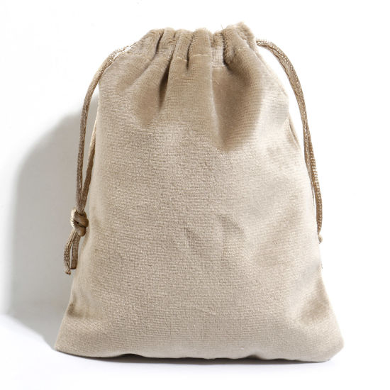 Picture of Velvet Drawstring Bags For Gift Jewelry Rectangle Beige (Usable Space: Approx 13.5x12cm) 15cm x 12cm, 5 PCs