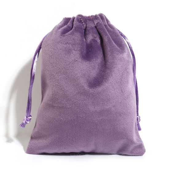Picture of Velvet Drawstring Bags For Gift Jewelry Rectangle Purple (Usable Space: Approx 13.5x12cm) 15cm x 12cm, 5 PCs
