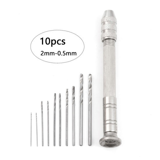 Picture of (2mm-0.5mm) Carbon Steel Mini Manual Hand Twist Drill Bits Set Rotary Tools With 10 Pins Silver Tone 9cm x 1cm, 1 Set