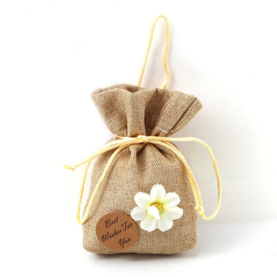 Bild von Baumwoll- und Leinen-Aufbewahrungsbehälter Taschen für DIY-Beutel-Ornament, rechteckig, Khaki-Blume, 12,5 cm x 10 cm, 5 Stück