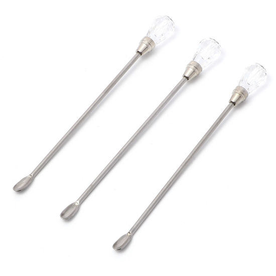 Picture of Steel Spoon Stirring Rod Gel Picker Tool For Powder Liquid Glue Rhinestone Acrylic UV Gel Mixing Manicure Accessories Silver Tone Transparent Clear 10.4cm, 1 Piece