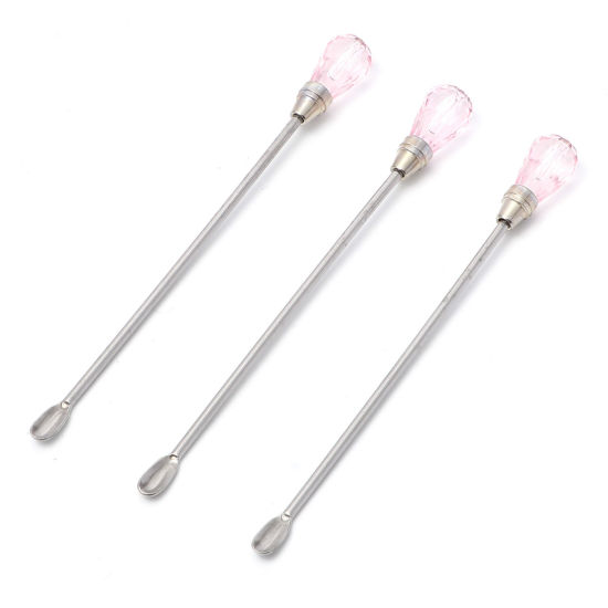 Picture of Steel Spoon Stirring Rod Gel Picker Tool For Powder Liquid Glue Rhinestone Acrylic UV Gel Mixing Manicure Accessories Silver Tone Light Pink 10.4cm, 1 Piece