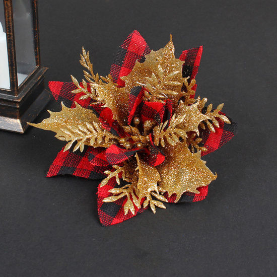 Picture of Red - Polyester & Plastic Hanging Decoration Christmas Flower 12x12cm, 1 Piece