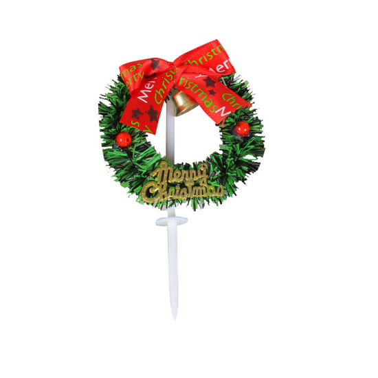 Изображение Green - Plastic Cupcake Picks Toppers Cake Decoration Christmas Wreath 11x7cm, 2 PCs