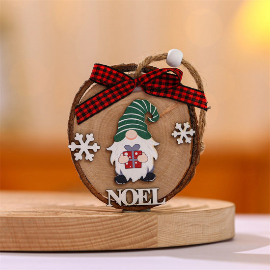 Picture of Green - Wood Round Sign Board Hanging Decoration Christmas Faceless Gnome Elf 9cm Dia., 1 Piece