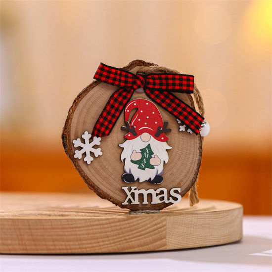 Picture of Red - Wood Round Sign Board Hanging Decoration Christmas Faceless Gnome Elf 9cm Dia., 1 Piece
